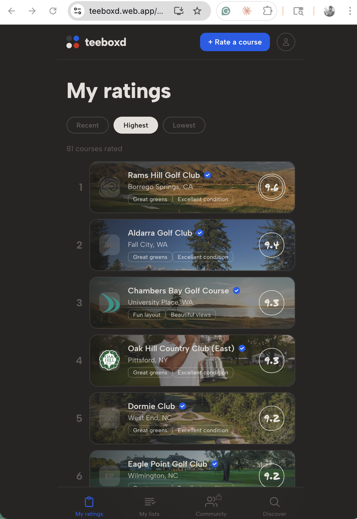 Teeboxd — My Ratings screen